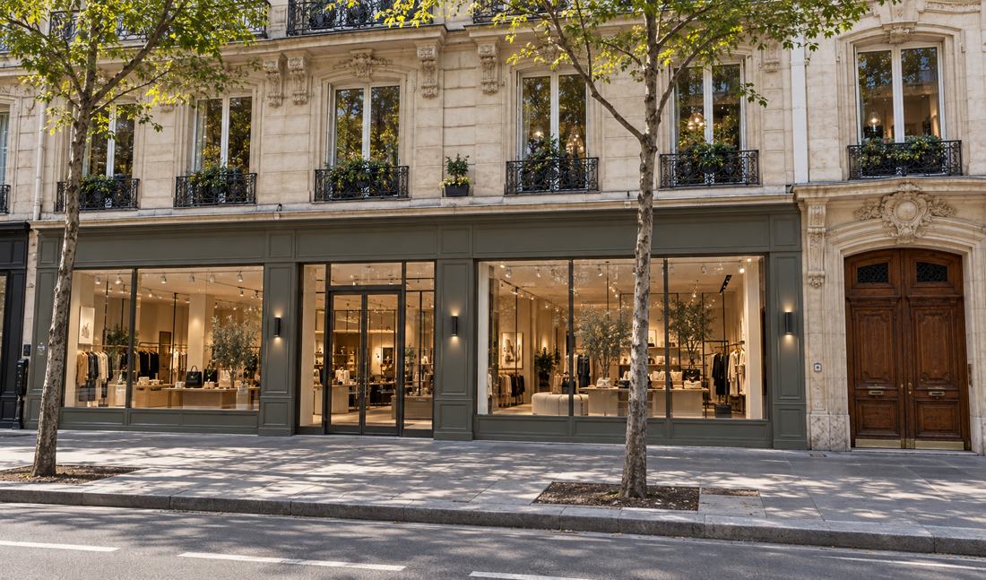 Grande boutique d'angle à façade kaki, vitrines sur rue