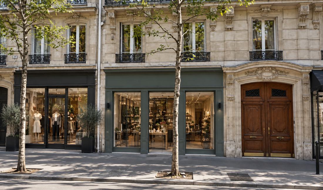 Boutique à façade vert profond en pied d'immeuble haussmannien